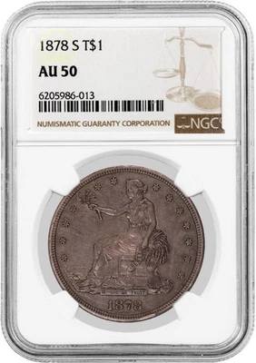 1878 S T$1 dólar comercial plata NGC AU50 sobre moneda sin circular Foto 1 de 4