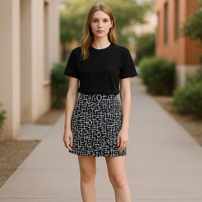 Poleci Silk Skirt Womens 8 Quilted Geometric Alphabet Black White FCS224 USA - Image 1 of 4