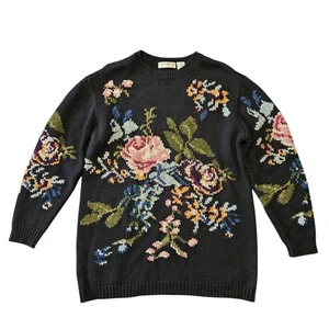 Vintage Liz Claiborne Knit Floral Black Sweater Grandma core Wool Blend Medium - Picture 1 of 23