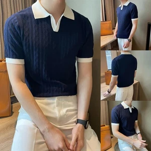 Men's Knitted T Shirt for Fashion Forward Streetwear with Color Patchwork - Picture 1 of 35