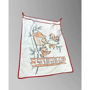 Vintage Laundry Bag Cotton Blend Red Trim Ties Anthropomorphic Birds 1940s-60s - Picture 1 of 10