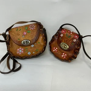 Menge 2 Vintage mexikanische handbesetzte Leder Blumen Schultertaschen Handtasche Mexiko - Bild 1 von 15