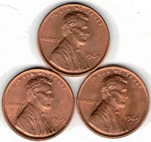 Centavos Lincoln 1969 P, D y S en brillante estado sin circular (3 monedas) - Imagen 1 de 4
