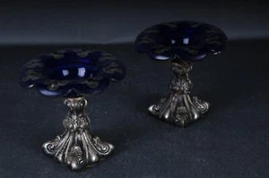 2 antike Silber Kaviar-FußSchälchen Biedermeier Deutschland Schalen blauen Glas - Bild 1 von 17