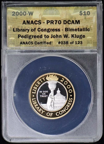 2000-W Library of Congress $10 Bimetallic ANACS PR70 DCAM John Kluge Pedigree Cover