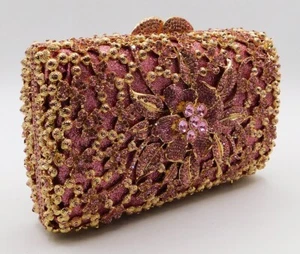 Luxury Rhinestone Crystal Floral Evening Handbag Wedding Party Clutch Purse Pink - Picture 1 of 24