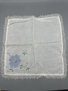 Floral Handkerchief Blue Flower Green Leaf Lace Trim Vintage - Picture 1 of 14