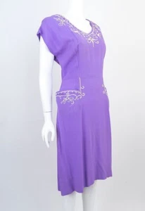 True Vintage 1940s Purple Rayon Gabardine Embroidered Dress B 36" W 31" - Picture 1 of 5