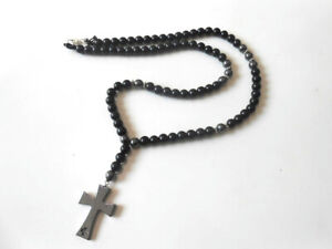 Black Onyx Crucifix Cross Pendant Men`s Necklace Hematite Gemstone Beaded Mala