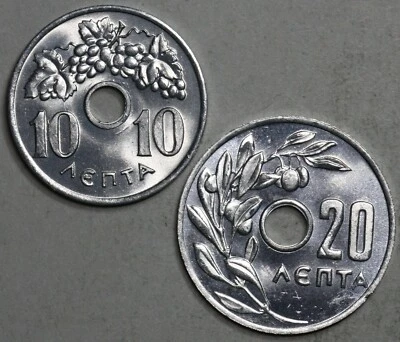 1959 Greece 10 Lepta & 20 Lepta GEM BU Grapes & Olives Coins (22052402R) - Image 1 of 2