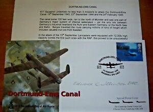 DAMBUSTER FLT LT EDWARD JOHNSON SIGNED DORTMUND-EMS CANAL RAF 617 SQUADRON COVER