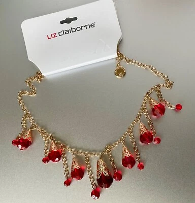 Collar Liz Claiborne Rojo Facetado Cuentas Colgante Tono Dorado Cadena 17-19" Foto 1 de 4