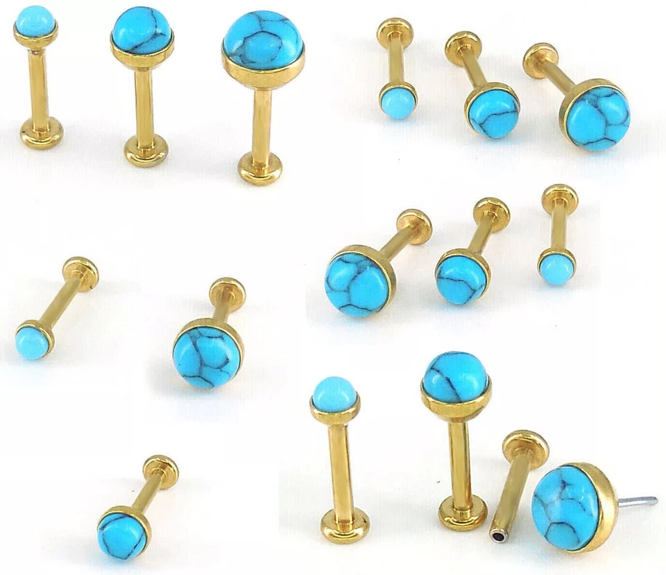 Pendientes planos sin hilo 18G turquesa 2,3,4 mm pasador tono dorado Foto 1 de 4