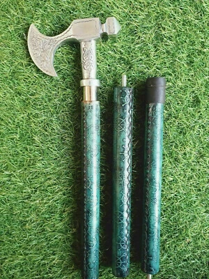  Bastón de cuero Steampunk con mango de cabeza de hacha de latón cromado  Foto 1 de 4