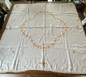 Vtg Orange Hand EMBROIDERED CROSS STITCH Cream Linen TABLECLOTH 49”x49” Edging - Picture 1 of 7