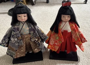 Vtg Pair Of Japanese Ichimatsu Dolls Handmade Elaborate Kimonos Fabulous Fabric - Picture 1 of 15