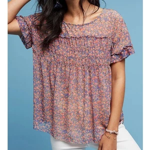 Anthropologie Deletta Robyn Smocked Top Size L Micro Floral Orange Blue Chiffon - Picture 1 of 8