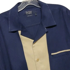 Nat Nast Luxus Herren Retro Charlie Sheen Blau Khaki Seide Hemd Größe L - Bild 1 von 12