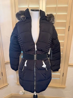 YMI Polyfill Puffer Zipper Jacket w/Faux Fur Trim Zippered Hood w/belt - Image 1 of 4