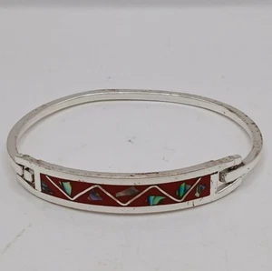 Bracelet sterling Abalone and red enamel MexicanStretched don't hook right - Picture 1 of 4