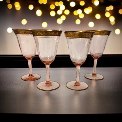 4 copas de vino Morgantown Pink Depression borde dorado 75862 remolino óptico incrustado Foto 1 de 4