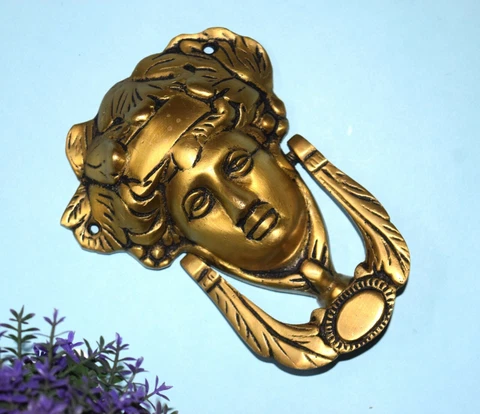 Brass Woman Face Door Bell Art Nouvou Athena Knocker Front Door Furniture EK945 Cover