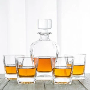 Novare Oval Whiskey Decanter Bottle With 4 Whiskey Glasses 5 Piece Set - Picture 1 of 4