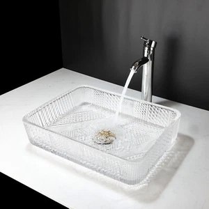 Rectangle Bathroom Transparent Glass Vessel Sink Vanity Above Counter ChromeTop - Bild 1 von 14