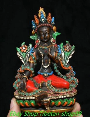 6'' Tibet Bone Inlaid Gems Dzi Bead Green Tara Mahayana Goddess Buddha Statue - Image 1 of 4