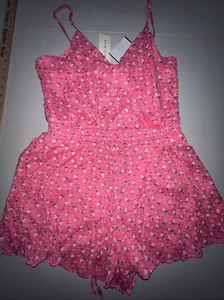 Row A Romper Shorts Women’s L Pink Floral Tie Belt Stretch Spaghetti Straps NWT - Picture 1 of 13
