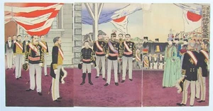 TRÍPTICO JAPONÉS GRABADO EN MADERA ANTIGUO por KOBAYASHI KIYOCHIKA 1895 MEIJI - Imagen 1 de 6