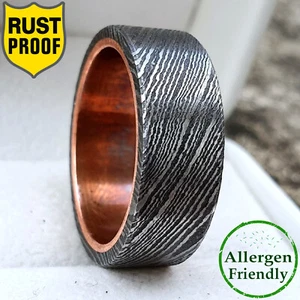Customized Copper Sleeved Damascus Steel Ring Men's Thick Engagement Flat Band - Picture 1 of 7