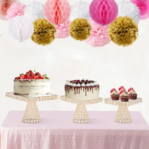 3pcs Gold Cake Stand Square Cupcake Stand Wedding Party Pastry Tray Plate Kits - Picture 1 of 15