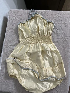 Vtg 1954 Baby Sun Suit Romper Yellow Satin with Ruffle Blue trim 1950's - Picture 1 of 3