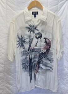Men’s Vintage Keeler Bay Palm Parrots Button Up White Hawaiian Shirt Size M