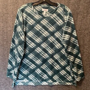 Denim & Co Top Women Large Petite Soft Cozy Fleece Crew Neck Tunic Pockets Plaid - Picture 1 of 9