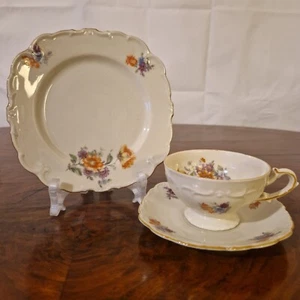 Schwarzenhammer mazzo da collezione decorazione floreale bordo giallo porcellana avorio 3 pezzi - Foto 1 di 4