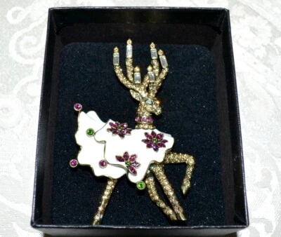 New $180 HEIDI DAUS "Bella Donner" Enamel Reindeer Swarovski Crystal Brooch Pin - Image 1 of 3