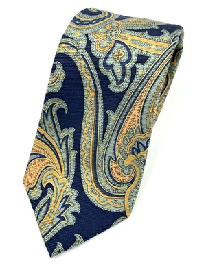 Corbata Peter Millar 7 pliegues azul dorado cachemira 100 % seda 60" x 3,5" Foto 1 de 4