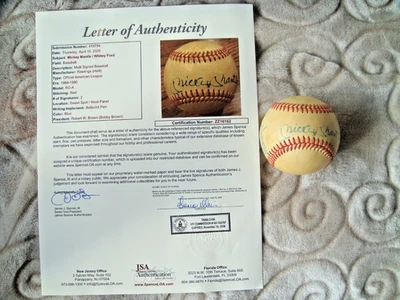Mickey Mantle Whitey Ford signed OAL Brown ball autograph baseball JSA cert - Image 1 of 4