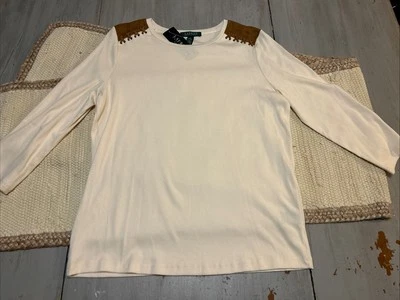 NUEVO CON ETIQUETAS Ralph Lauren Crema Marfil Manga 3/4 Camisa Tostada Gamuza Hombro Para Mujer’s Talla 1X Foto 1 de 4