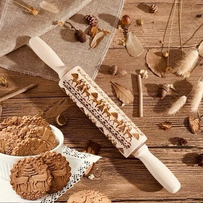 Christmas Tree And Reindeer Embossed Natural Wooden 14” Rolling Pin - Image 1 of 4