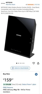 NETGEAR Cable Modem WiFi Router Combo C6250 - AC1600 WiFi speed DOCSIS 3.0 - Image 1 of 4