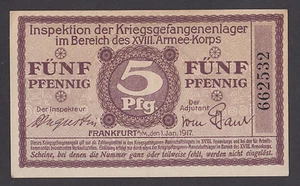 🔴GERMANY  5 Pfennig 1917  AU/UNC  POW- WWI Concentration Camp FRANKFURT am Main - Picture 1 of 2