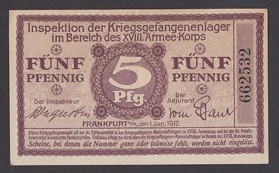 🔴GERMANY  5 Pfennig 1917  AU/UNC  POW- WWI Concentration Camp FRANKFURT am Main - Image 1 of 2