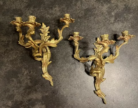 Antique Bronze  3 Light Candle Holder Wall Sconces Pair Louis XV Rococo Vintage Cover
