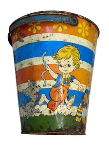 Vintage Ohio Art Sand Pail Bucket Girl Boy Dog Barbecue Picnic Tin Litho - Picture 1 of 7