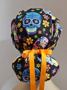 Bouffant/Ponytail Combo Scrub Hat - Sugar Skulls - Picture 1 of 6