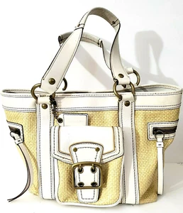 Vintage COACH White Leather Trim Tote handbag LEGACY with Natural Straw Purse - Picture 1 of 12