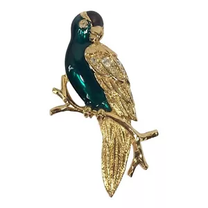 Broche prendedor Avon Bird tono dorado esmalte verde pedrería transparente 2,5 pulgadas declaración - Imagen 1 de 7